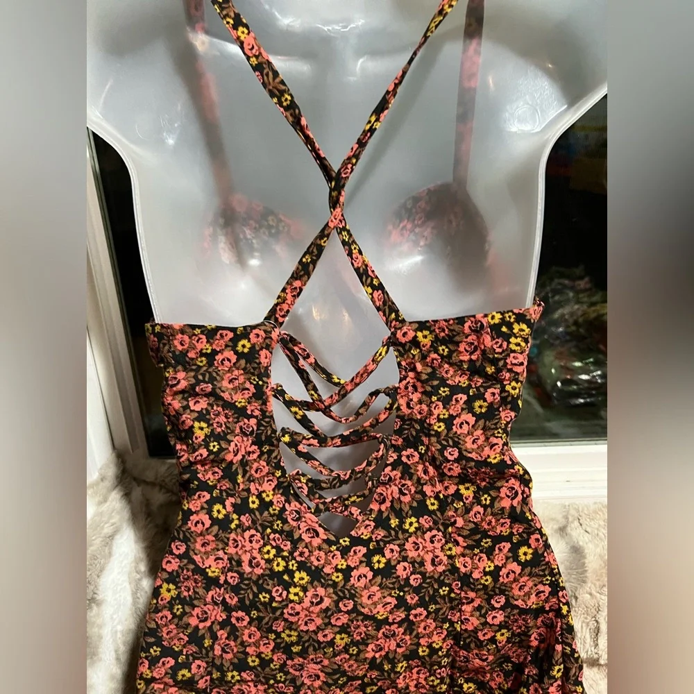 Free people floral bodice button front tank lace up back